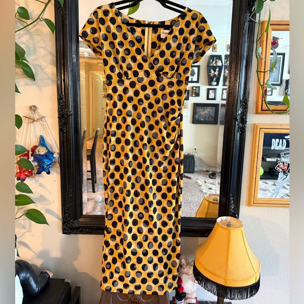 Bettie Page Yellow Polka Dot Maxi Dress with V-Neck
